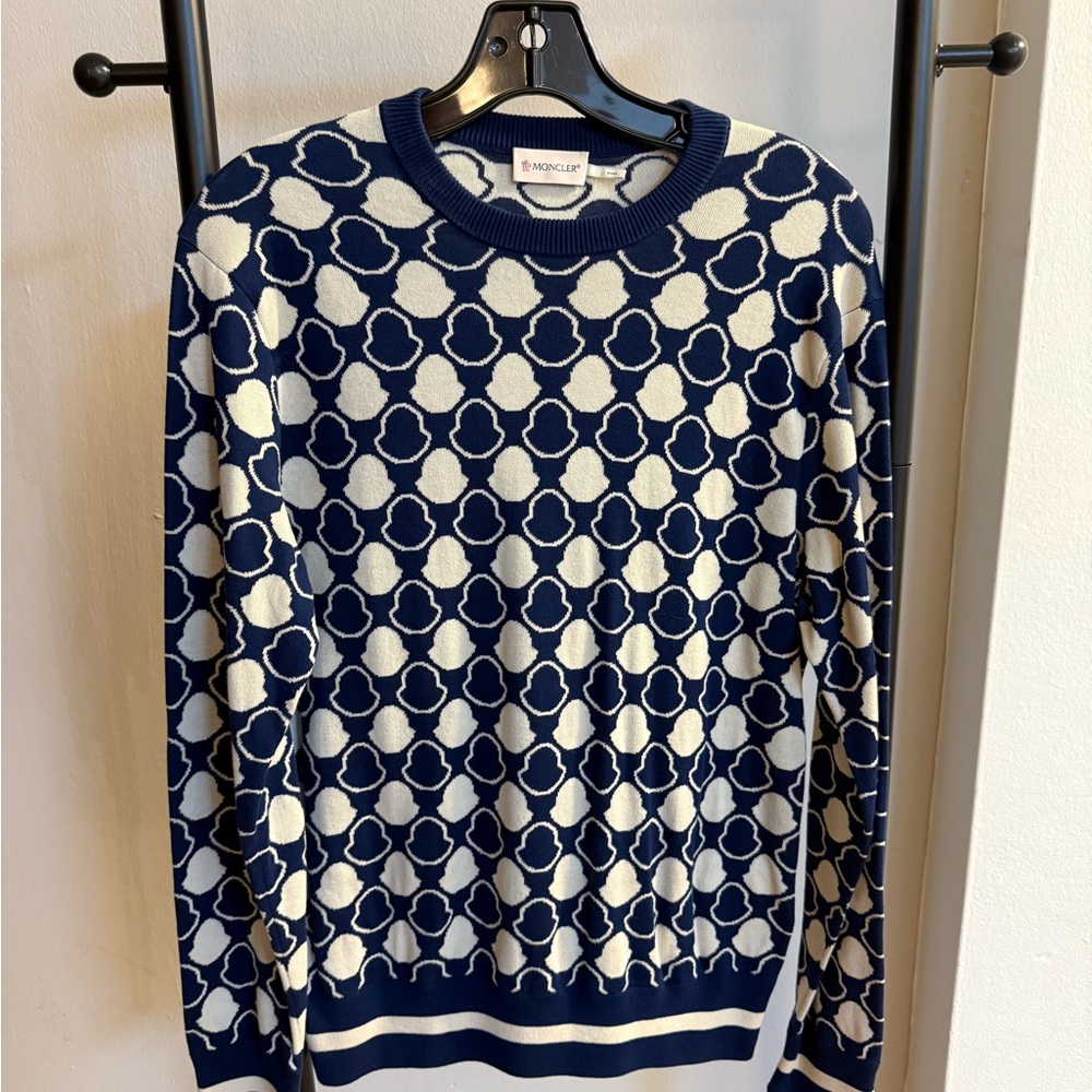 Moncler Blue and White Crewneck Sweater with Geometric Pattern